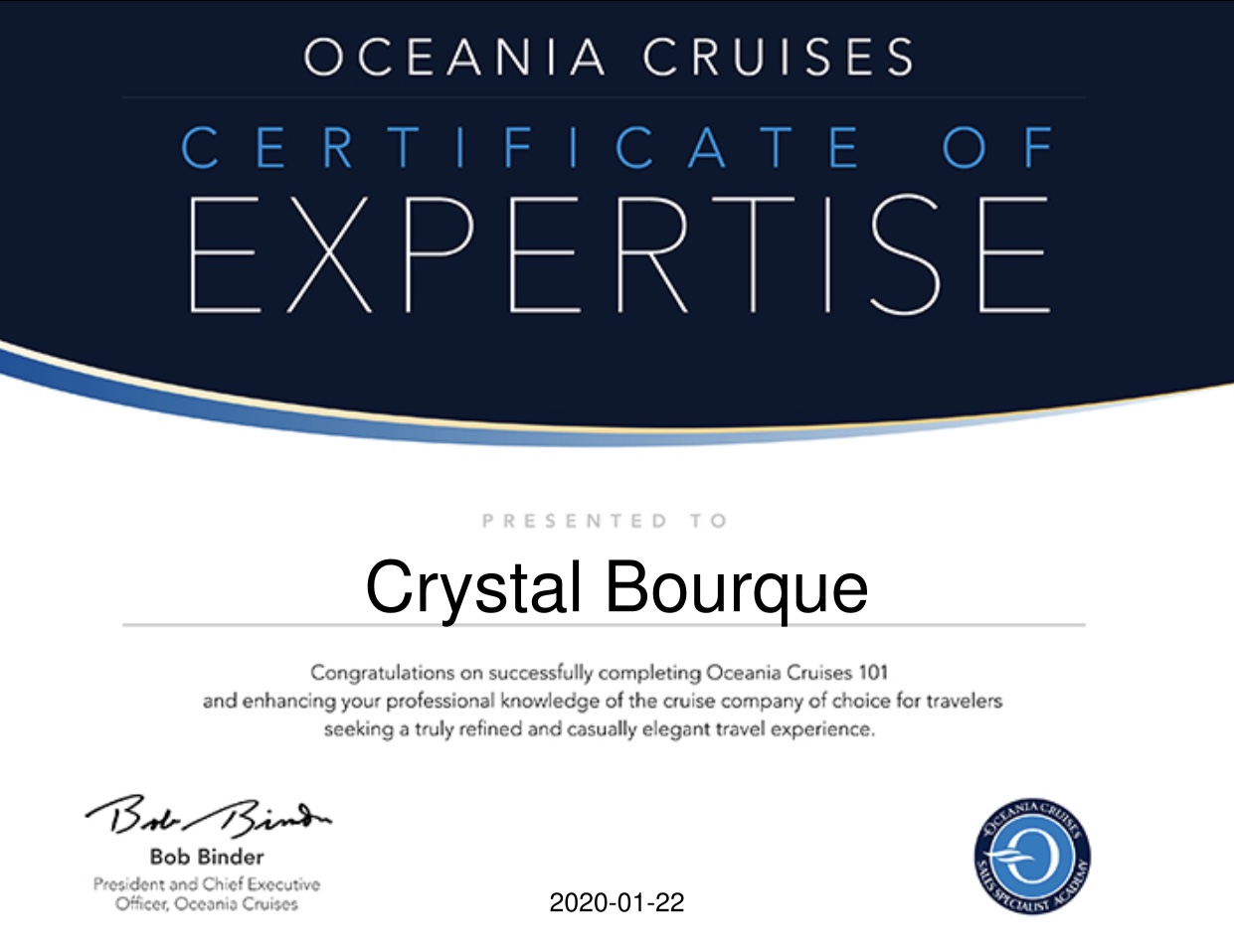 Oceania Cruises Certificate of Expertise